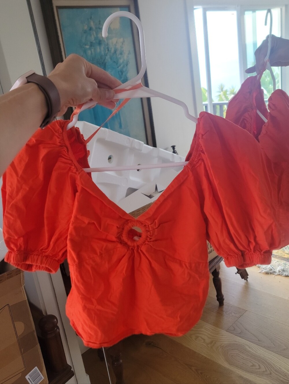 Women’s Bright Orange Puff Sleeve Crop Top with Ring Detail